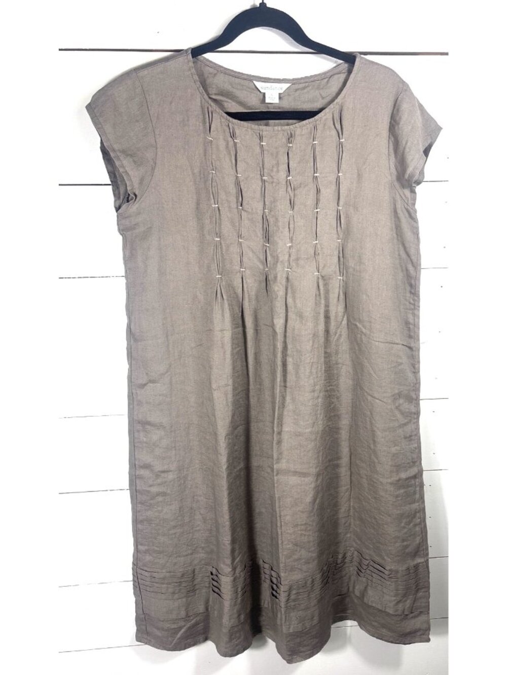 Sundance Gray 100% Linen Cap Sleeve Midi Dress With Pintuck Details Size S